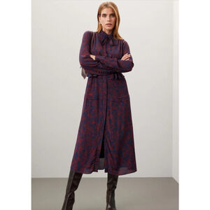 Jason Wu Dress Womens 6 Blue Red‎ Floral Chiffon Shirt Collared Midi Tie Neck